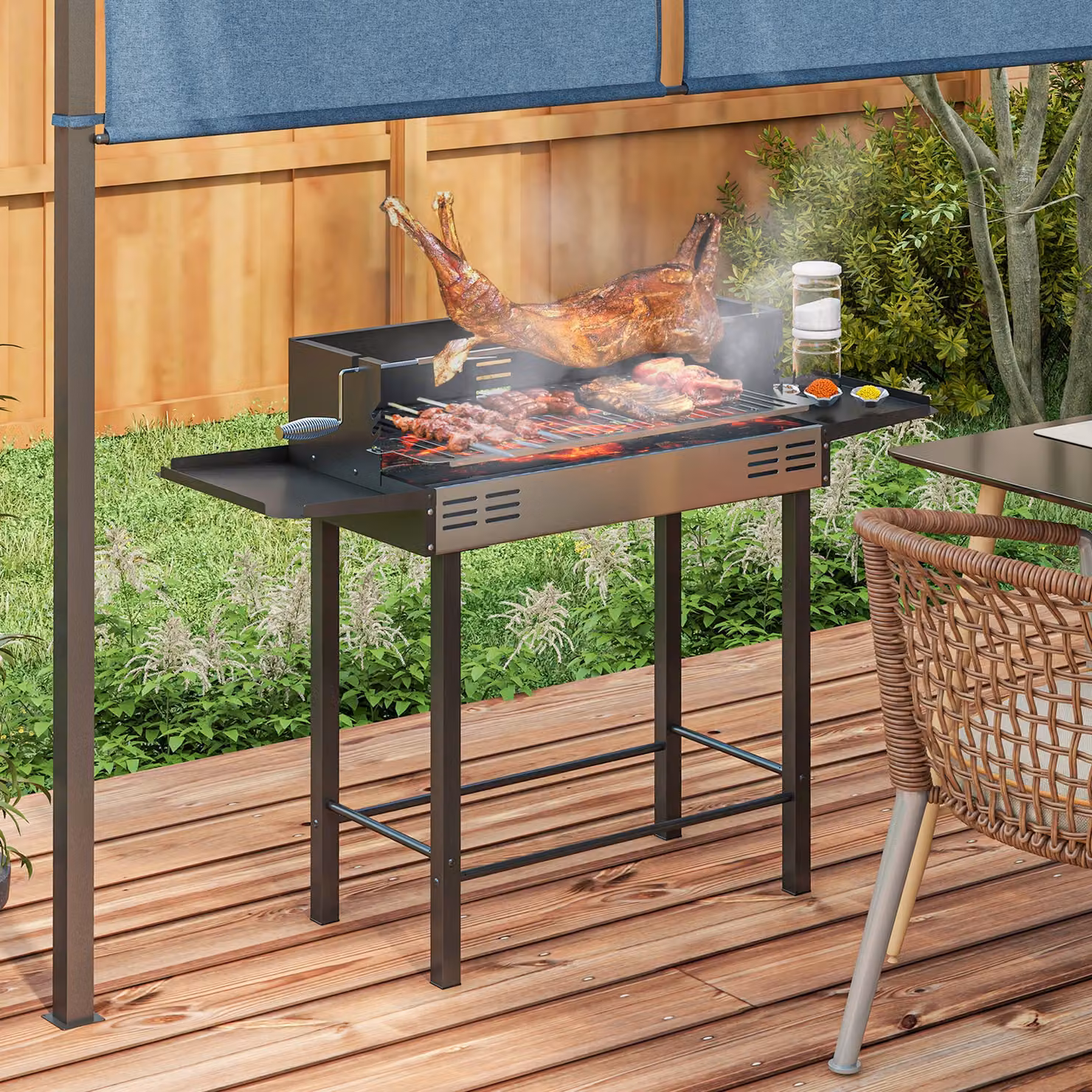 Outsunny Charcoal BBQ Rotisserie Grill with 3-Level Grate and Side Shelves, Black and Silver – 2