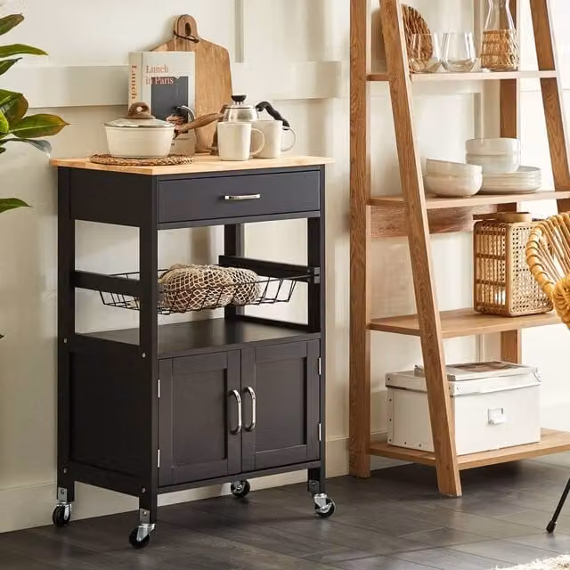 Wyld and Coco Black Kitchen Trolley with Rubberwood Top W/D/H: 58 x 40 x 90 cm – 1