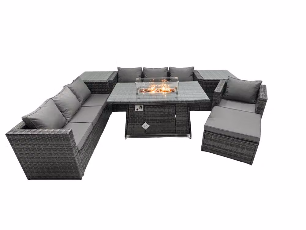 Fimous 8 Seater Rattan Garden Furniture Firepit Dining Set with Lounge Sofa, Table, 2 Side Tables and Large Footstool in Dark Grey – 2