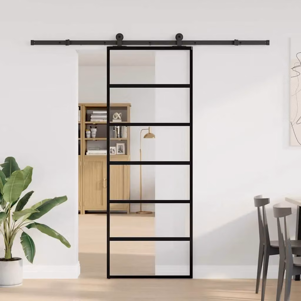 Berkfield Home Modern Sliding Door with Hardware Set, Black ESG Glass and Aluminium, W: 76 cm, H: 205 cm – 2