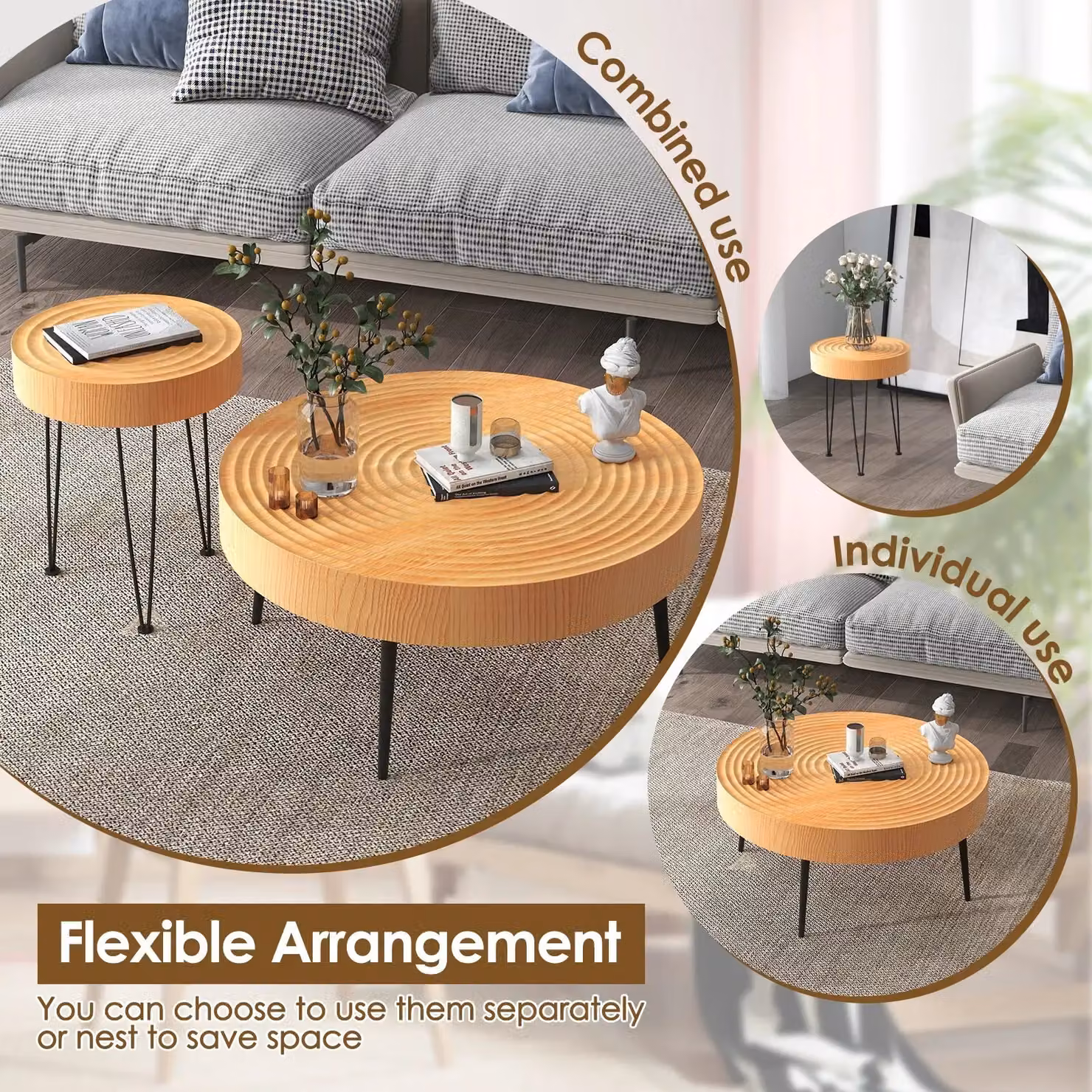 Costway Set of 2 Round Nesting Coffee Tables, Solid Wood and Metal Boho Stacking Side Tables in Sand Brown – 3
