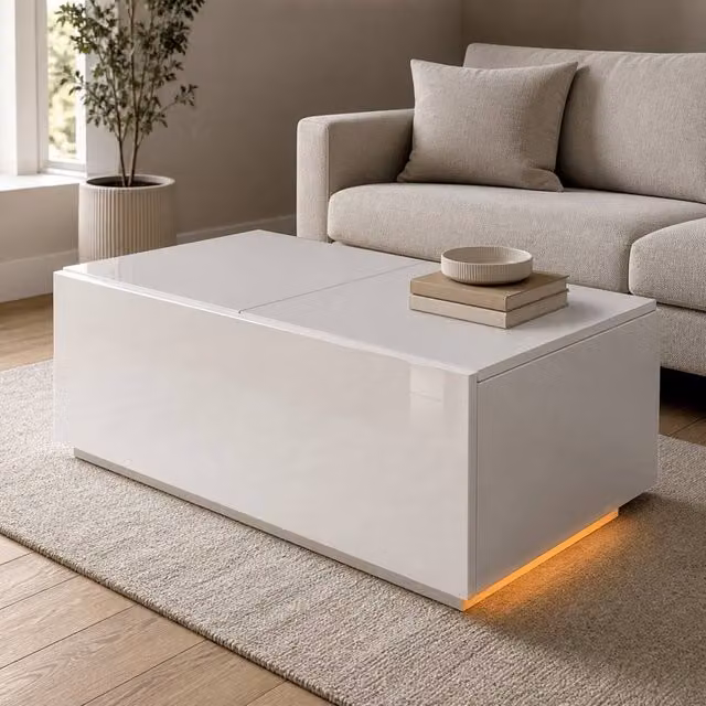AKI HAUS Modern White and Grey Glossy Lift-Top Coffee Table – 1