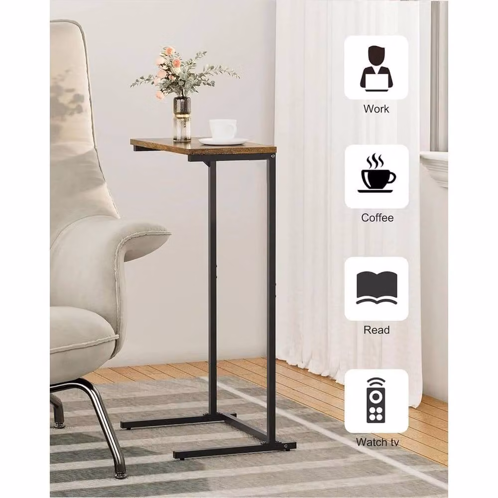 KORVIXA C-Shaped Sofa Side End Table with Brown Wood Top for Living Room, Home Office or Bedroom – 3