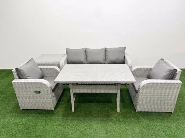 Fimous PE Rattan Garden Furniture Set in Light Grey with Reclining Chairs, Lounge Sofa, Rectangular Dining Table and Side Table