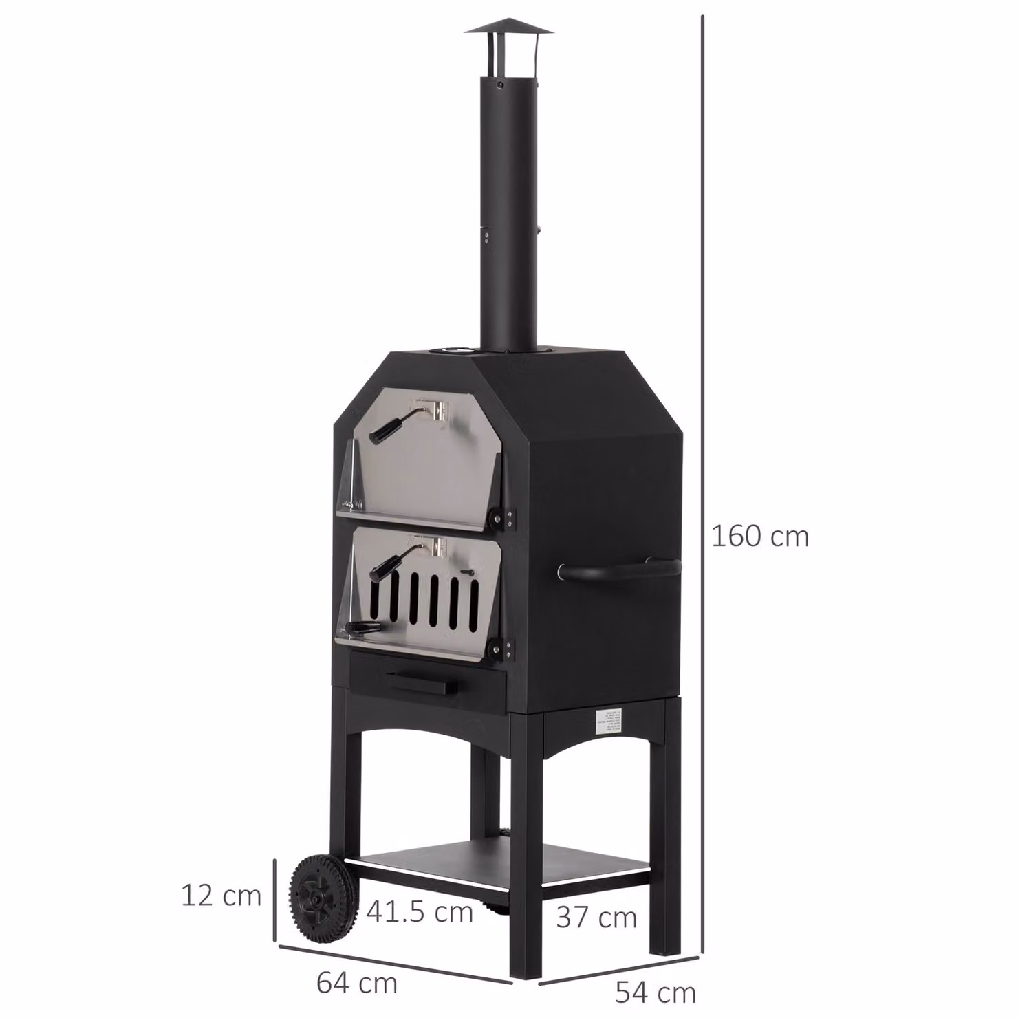 Outsunny Charcoal Pizza Oven and 3-Tier Freestanding BBQ Grill in Black and Silver with Chimney, Thermometer and Wheels – 3