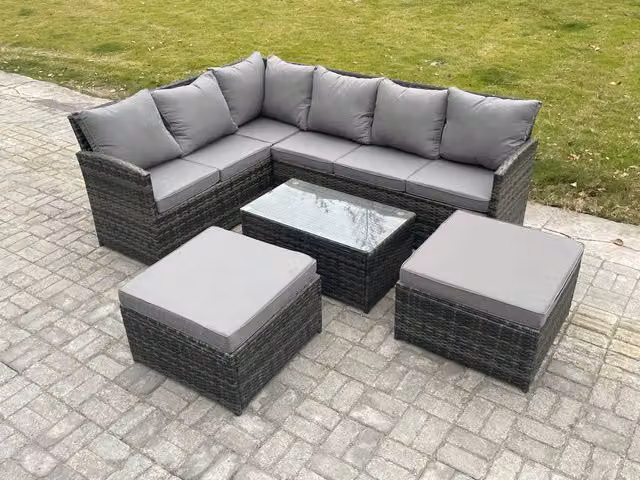 Fimous 8 Seater Rattan L-Shape Corner Sofa Set with Coffee Table and 2 Ottomans in Dark Grey