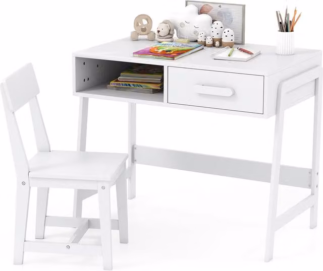 Gymax White Wooden Childrens Desk and Chair Set with Pine Wood Construction