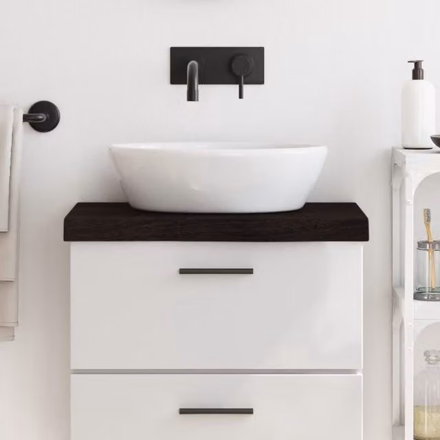 Berkfield Home Bathroom Countertop, Treated Solid Wood with Live Edge, Dark Brown and Grey, W: 60 cm, D: 40 cm, H: 2-6 cm