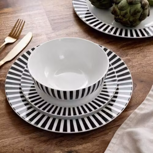 Waterside 12-Piece Black and White Striped Porcelain Dinner Set – 3
