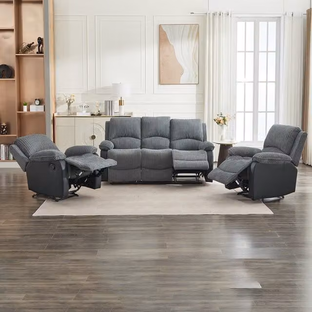 Furniture One Grey Corduroy 5-Seater Manual Reclining Sectional Sofa