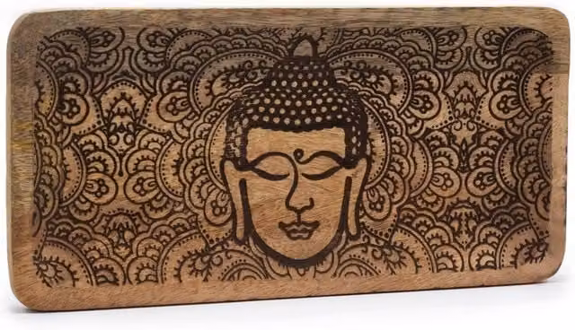KDMD Rectangular Wooden Long Tray with Black and Brown Buddha Face Engraving, W/D/H: 30 x 15 x 2.5 cm – 1