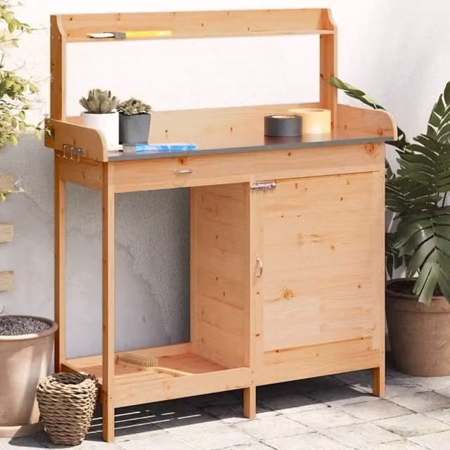 Berkfield Home Potting Table with Cabinet in Brown, Solid Fir Wood, W/D/H: 110.5 x 45 x 124.5 cm – 1