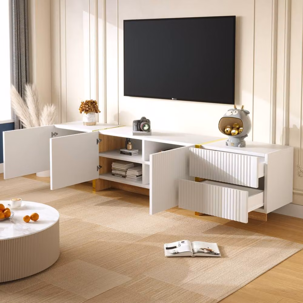 STILVORA Modern TV Cabinet in White and Gold with 3 Doors and 2 Drawers, W: 190 cm, D: 45 cm – 3