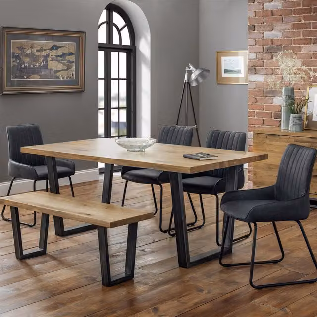 Julian Bowen Brooklyn Oak Rectangular Dining Table, Bench and Soho Chairs Set in Grey