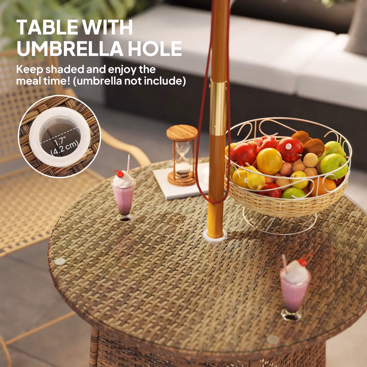 OUTSUNNY Brown Wicker Garden Rattan Table with Tempered Glass Top and Umbrella Hole – 4