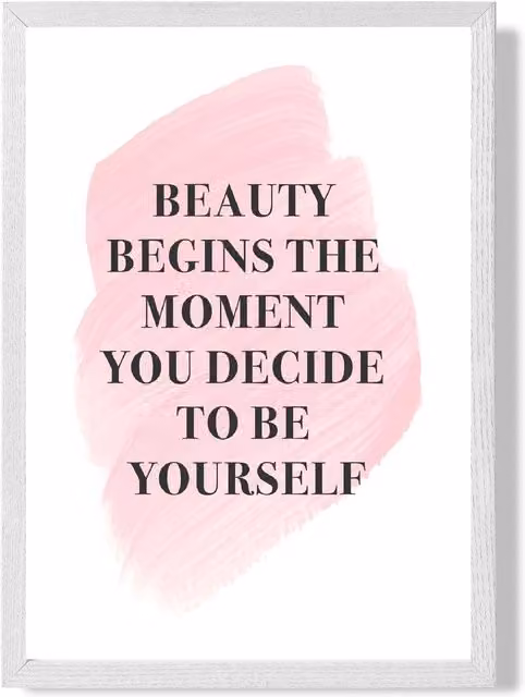 ARTZE Beauty Begins Fashion Quote Framed Print, Pink and White, A3