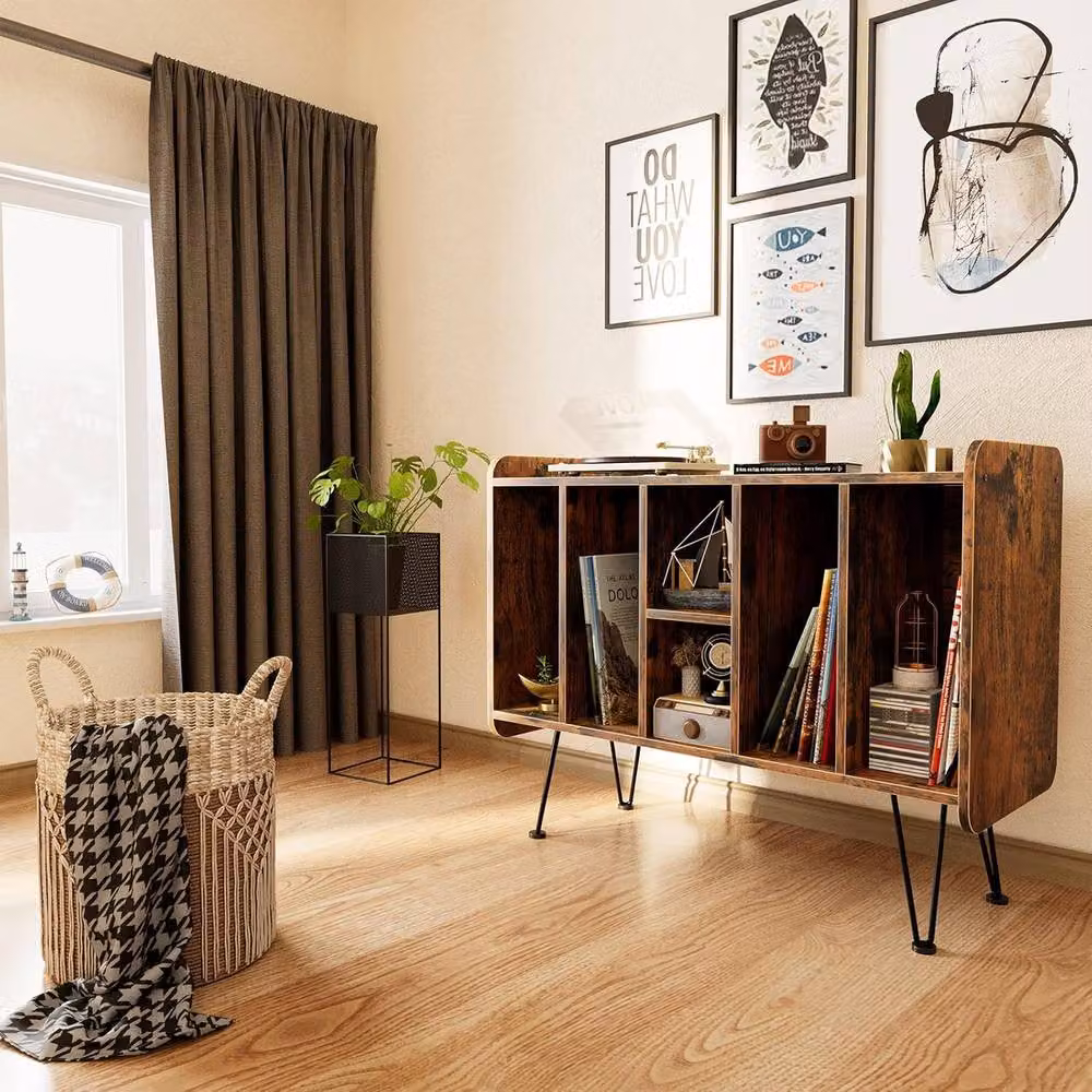 Huhote 3 Tier Vinyl Record Player Stand Storage Cabinet End Side Table in Brown – 6