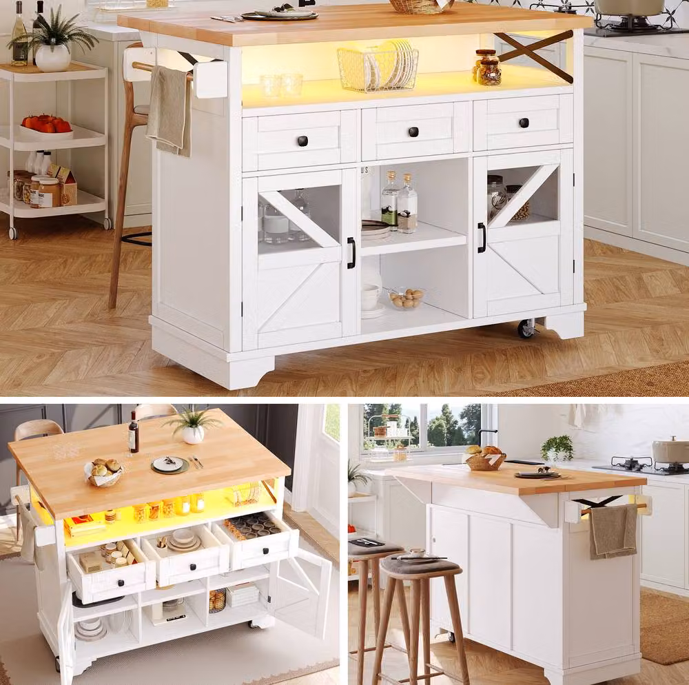 STILVORA Modern Mobile Kitchen Island Cart with LED and USB in White – 5
