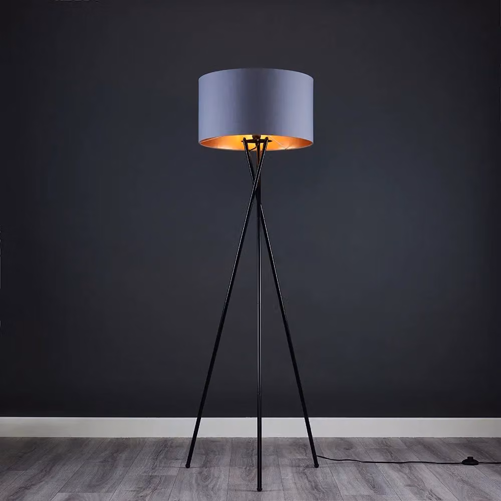 ValueLights Camden Modern Black Tripod Floor Lamp with Grey and Copper Shade and LED Bulb – 2
