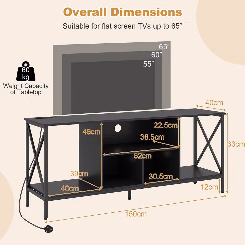 Gymax Modern Black TV Stand with Integrated LED Lighting and Power Outlets – 2