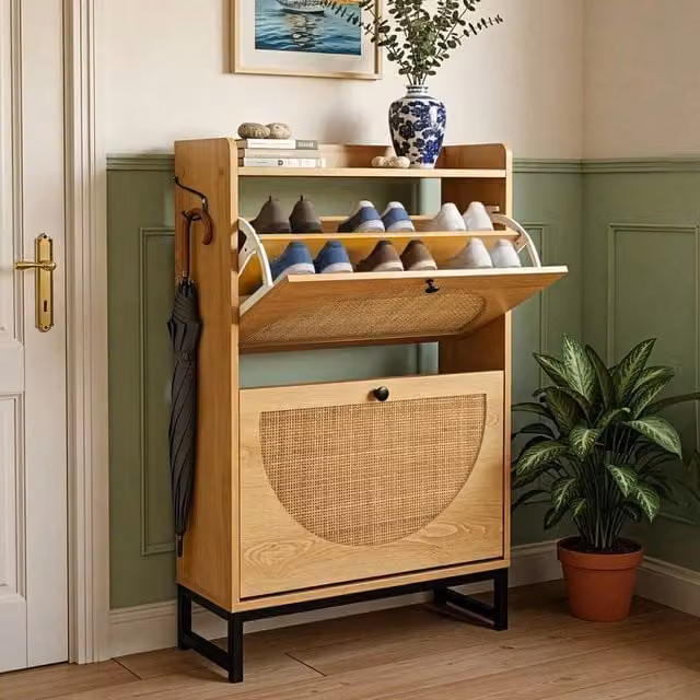 PAWNORA Brown Rattan and Wood Shoe Storage Cabinet with 2 Flip Drawers and Tilting Compartments – 1