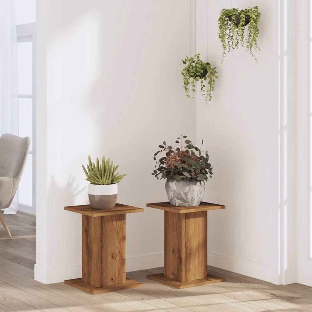 Berkfield Home Set of 2 Artisan Oak Plant Stands, Brown, W/D/H: 30 x 30 x 40 cm – 3
