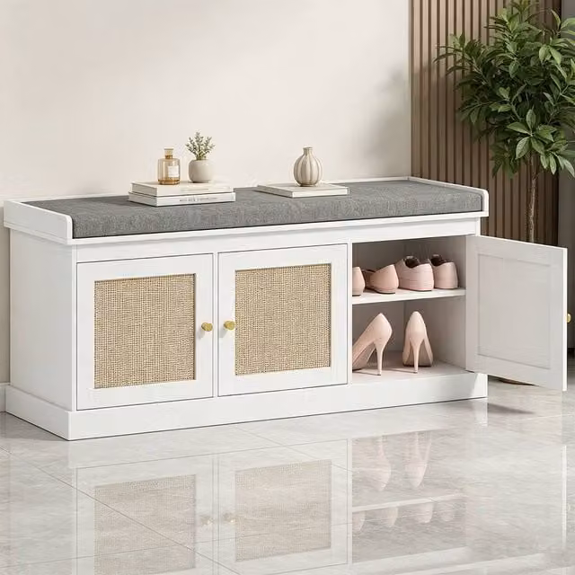 ERGOVEXA White Shoe Storage Bench with Woven Rattan Doors and Fabric Cushion Seat