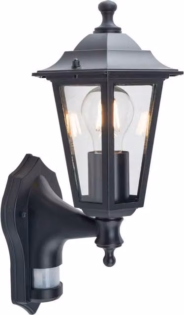 First Choice Lighting Black Six Sided Lantern Outdoor Security Wall Light with Motion Sensor and Timer