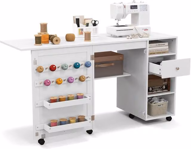 Costway Adjustable Rolling Sewing and Craft Desk with Folding Top and Trays in White
