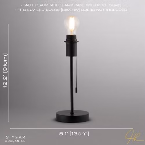 Happy Homewares Classic Metal Table Lamp Base in Black with Pull Chain Switch, H 31 cm x W 13 cm x D 13 cm – 2