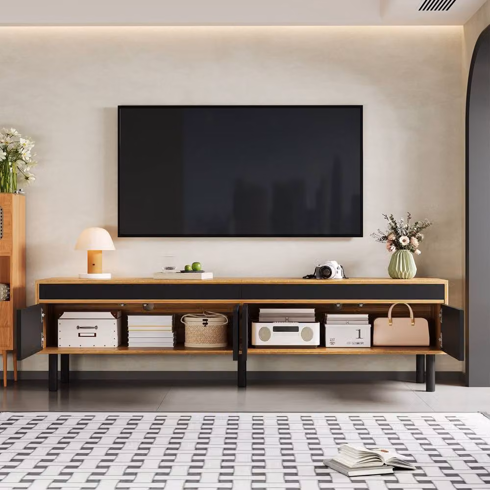BTM Modern 4-Door TV Cabinet in Black and Natural Wood, W/D/H: 170 x 38 x 47 cm – 6