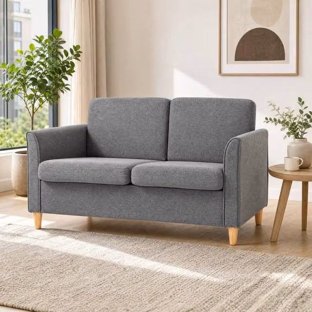 STILVORA 2 Seater Grey Fabric Upholstered Sofa with Wooden Legs – 1