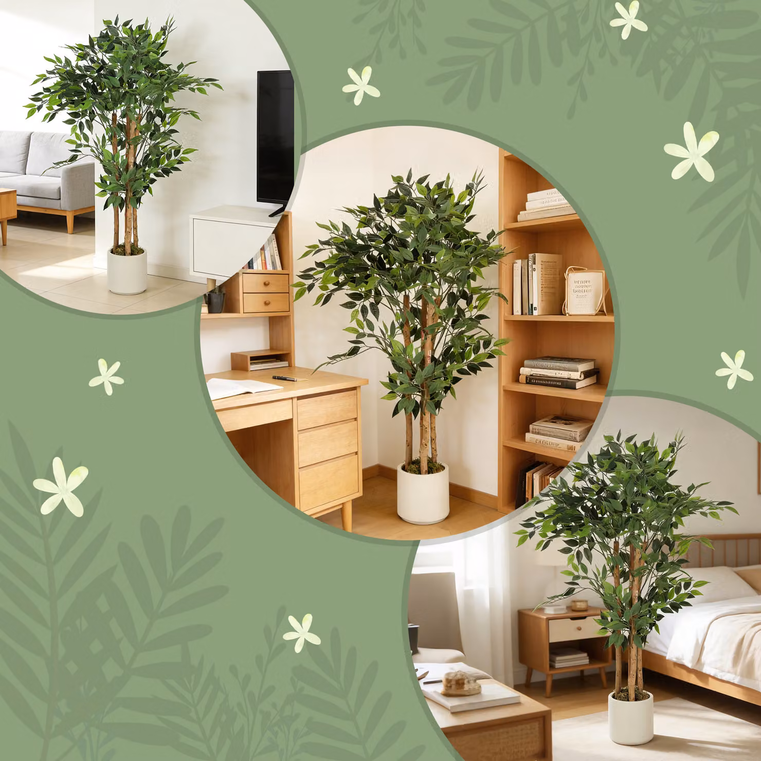 HOMCOM 120cm Artificial Ficus Tree in Green and White with Wood and Plastic Trunk and Pot – 5