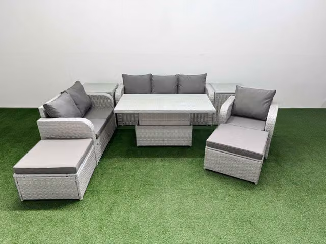 Fimous Patio 8 Seater Rattan Outdoor Furniture Set in Grey with Adjustable Lifting Table, Reclining Chairs and Loveseat Sofa