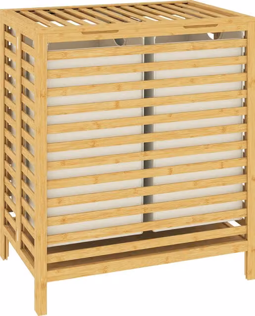 HOMCOM Bamboo Laundry Basket with Lid, 2 Collapsible Baskets with Removable Bags, 64L, Beige and White