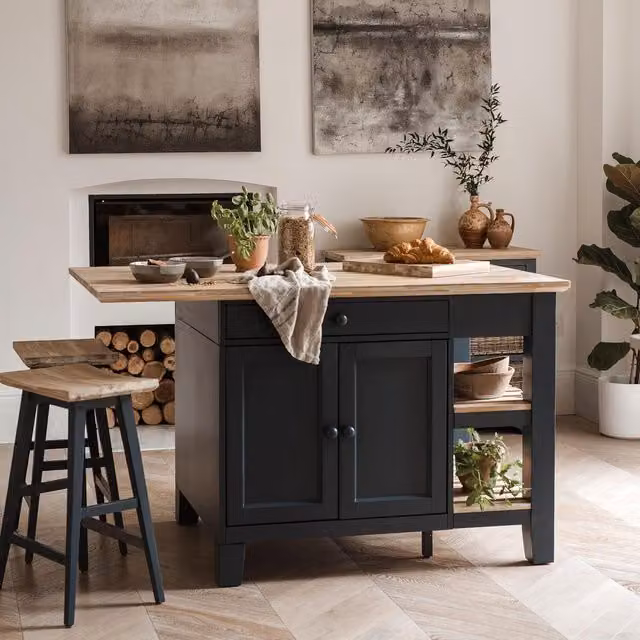 Florence Kitchen Island with Cupboard and Shelves in Navy Blue and Acacia Wood, W/D/H: 150 x 90 x 91 cm