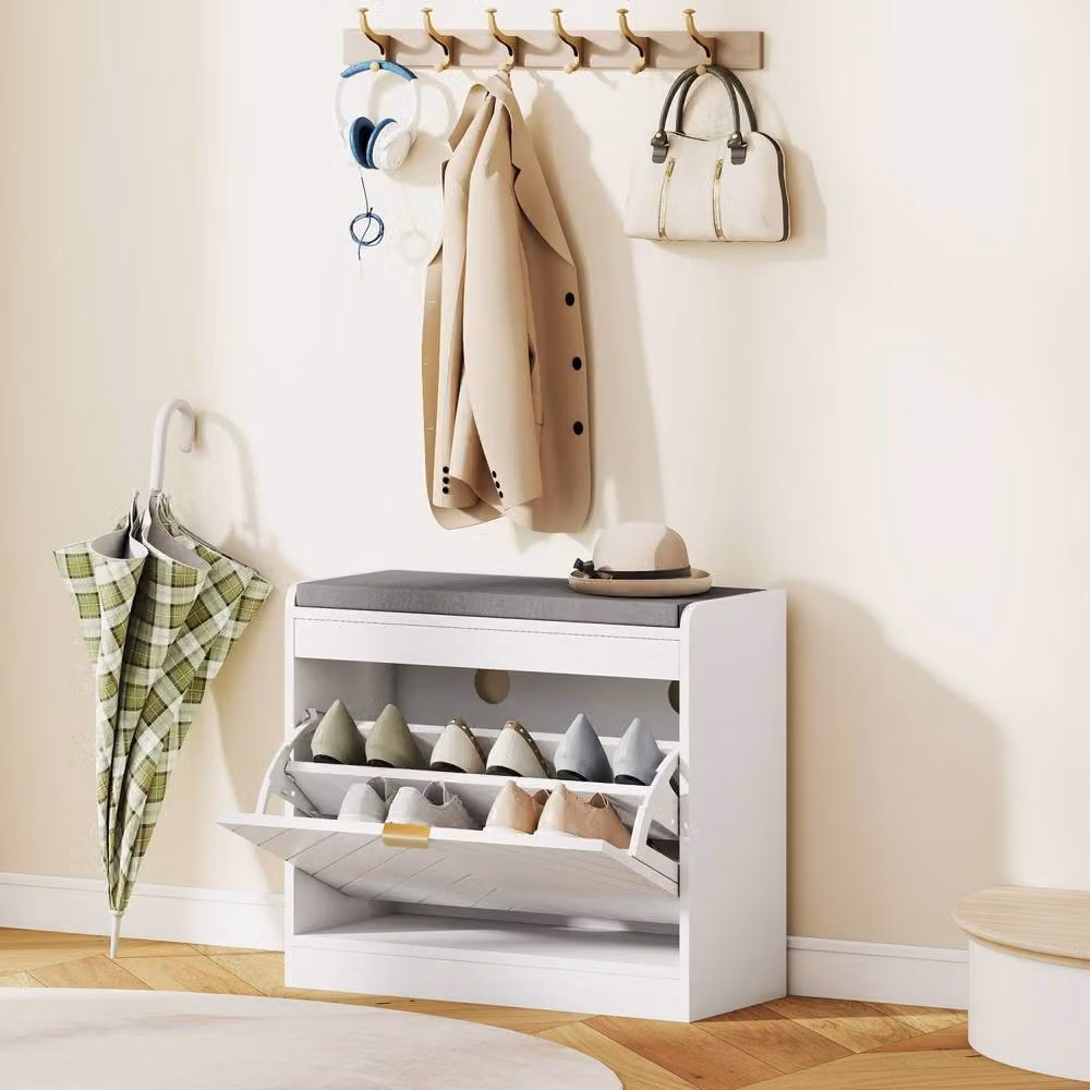 Wyld Haus Baniri White Shoe Storage Bench with Grey Fabric Seat and Gold Accents – 3
