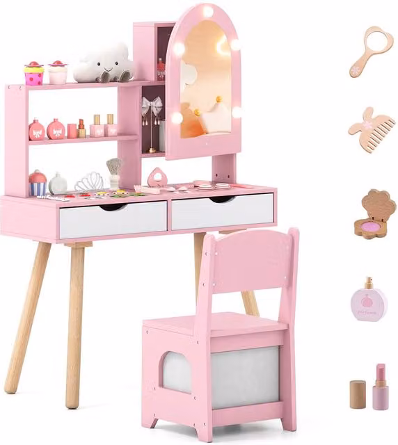 Gymax Pretend Play Dressing Table Set with 3-Colour Light Mirror and Cabinet in Pink