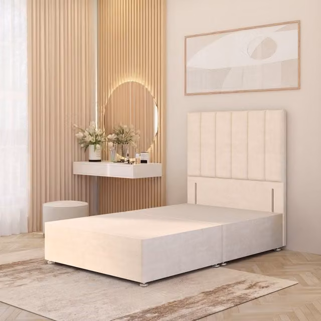 Somnior Beds Ltd Austin Velvet Divan Bed Base with Drawers and Floor Standing Headboard, Ivory, W/D/H: 120 x 200 x 34.5 cm