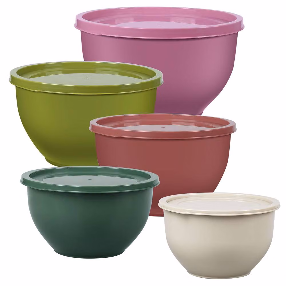Greentainer 5 Piece Multicolour Nesting Plastic Mixing Bowls Set with Lids – 7