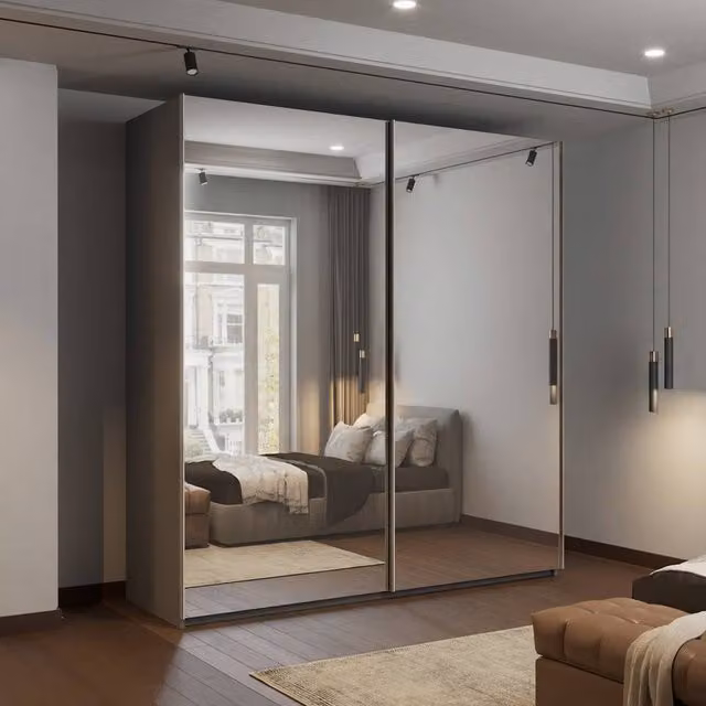 MN Furniture Modern Grey Double Mirror Sliding Wardrobe with Integrated LED Lighting, W: 200 cm, H: 217 cm – 1
