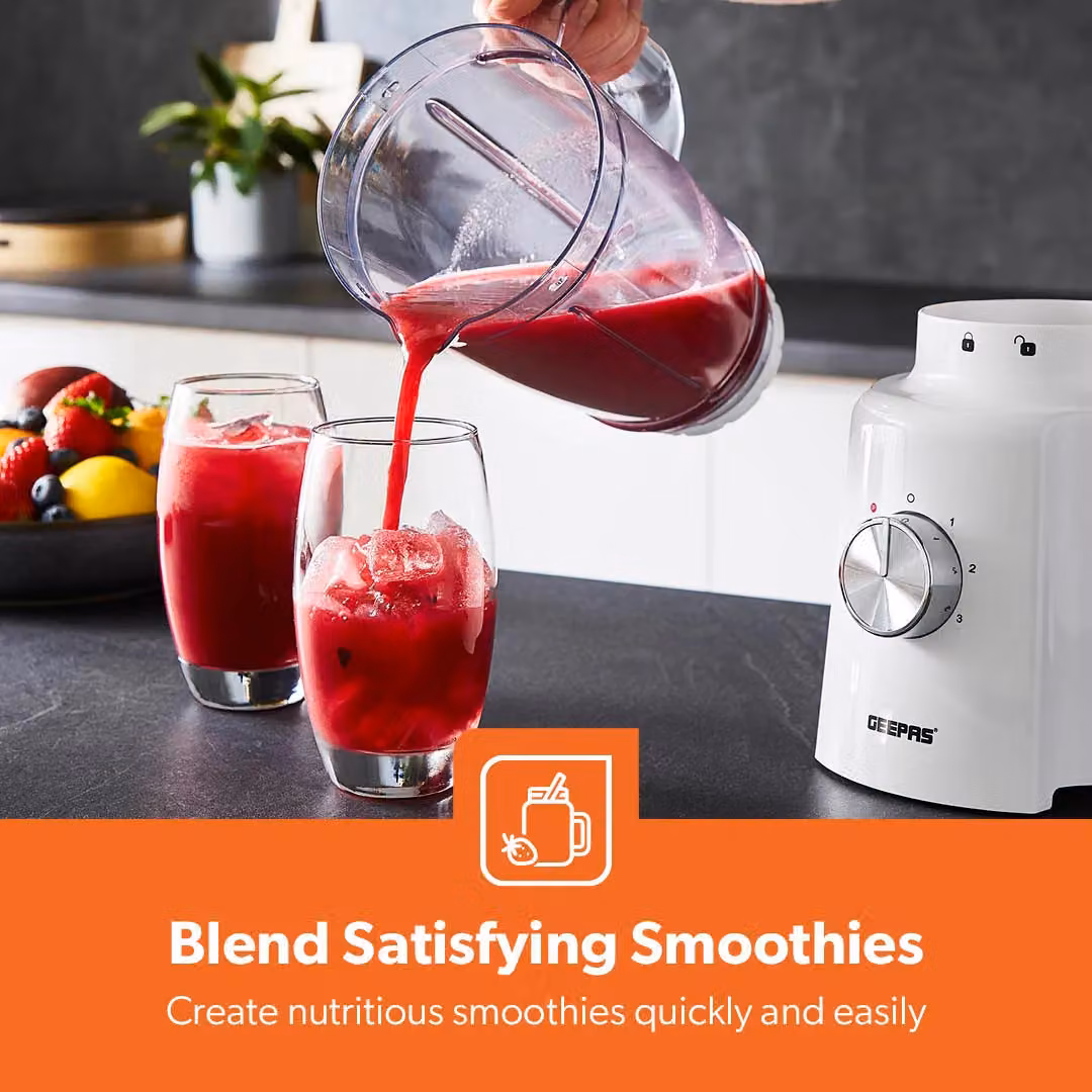 Geepas 2-in-1 Blender and Grinder with 1.6L Jug, 650W, 3 Speeds and Ice Crush Function, White – 7