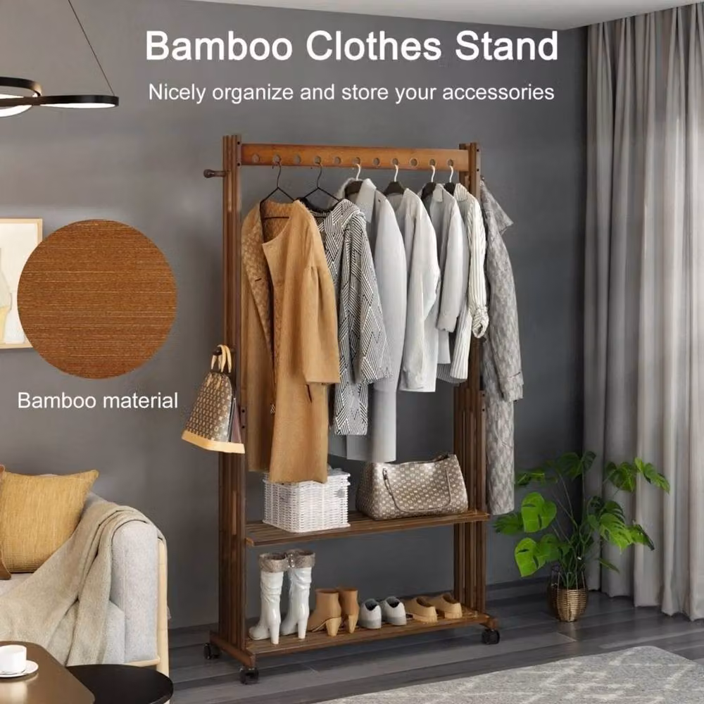 KORVIXA Industrial Clothes Rail with Bamboo Wood Hanging Rod in Brown Matt – 5