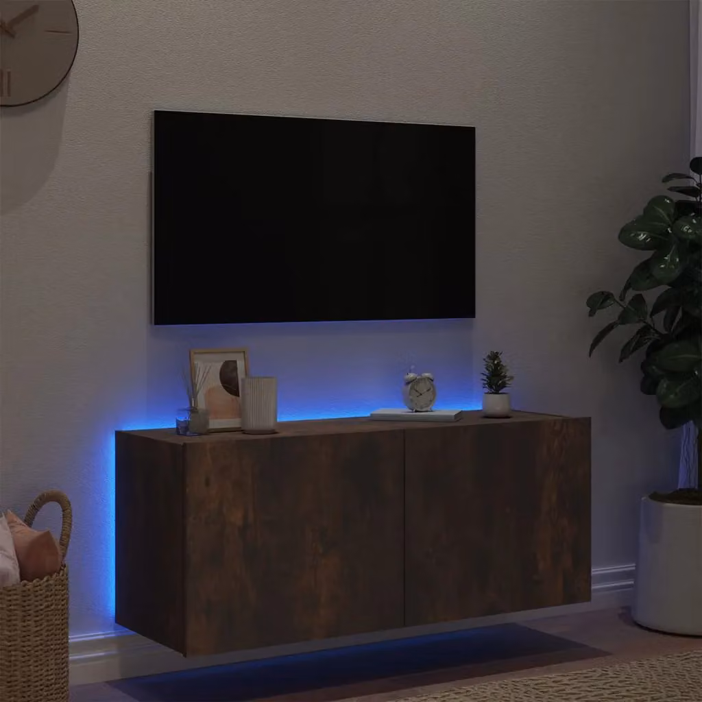 Berkfield Home Modern Wall-Mounted TV Cabinet with Integrated LED Lights in Smoked Oak Brown, W/D/H: 100 x 35 x 41 cm – 4