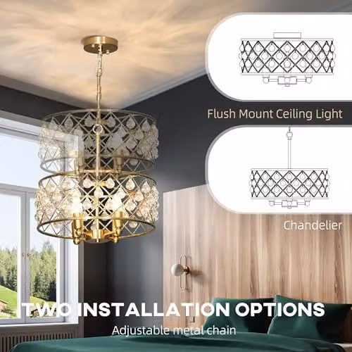 HOMCOM Modern Crystal Ceiling Light with Adjustable Height in Gold – 4