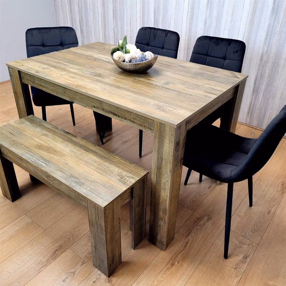 KOSY KOALA Modern Rustic Dining Set with Rectangular Brown Table, 4 Black Velvet Chairs and Bench – 3