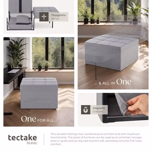 tectake 4-in-1 Folding Chair, Day Bed, Lounger and Footstool with Metal Frame and Foam Padding in Grey – 6