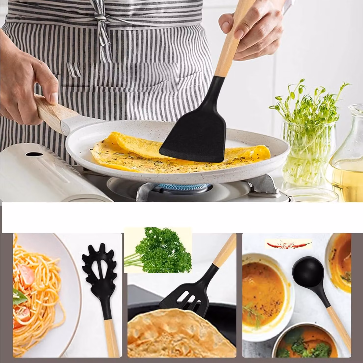 Dragodirect 12-Piece Silicone Cooking Utensils with Durable Wooden Handles in Black – 5