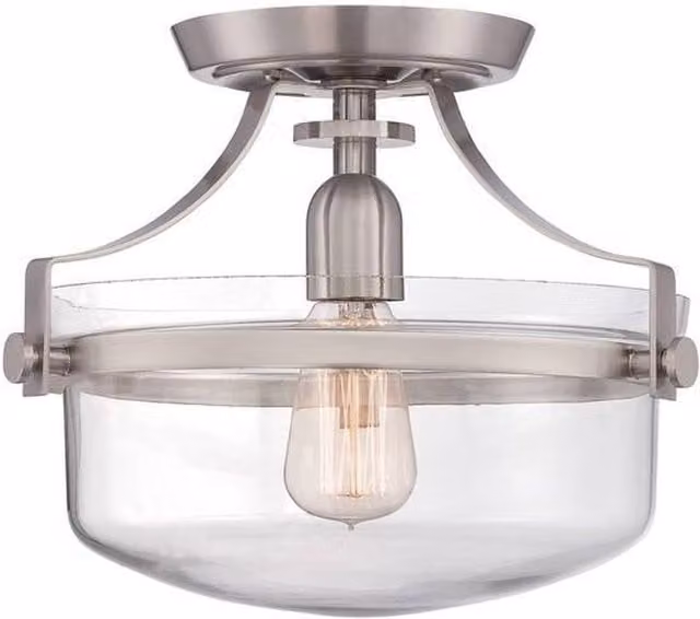 Netlighting Penn Station 1 Light Semi Flush Ceiling Light in Grey with Glass Dome and E27 Socket