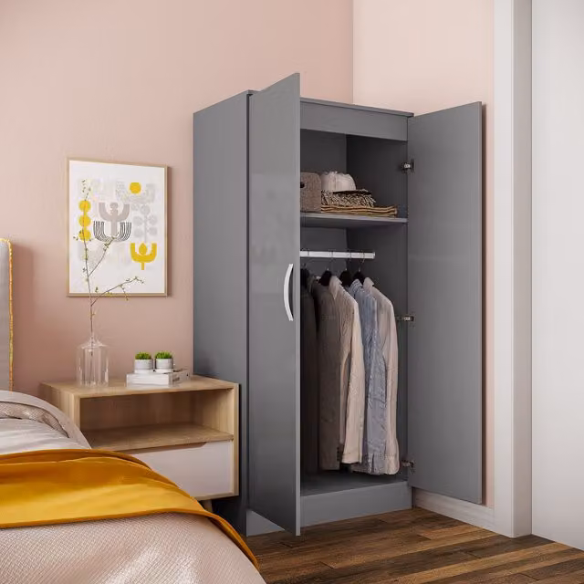 HOMCOM Modern Grey Glossy Wardrobe with Hinged Doors, Hanging Rod and Internal Shelves